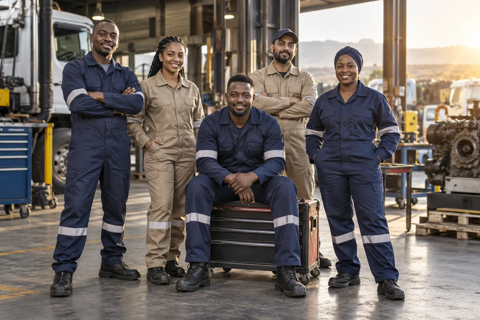 South African industrial team wearing navy and khaki conti suits in a workshop